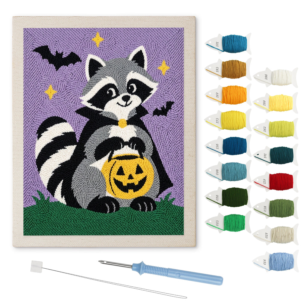 Raccoon Trick-or-Treater punch needle kit: finished canvas with threads, punch needle and threader