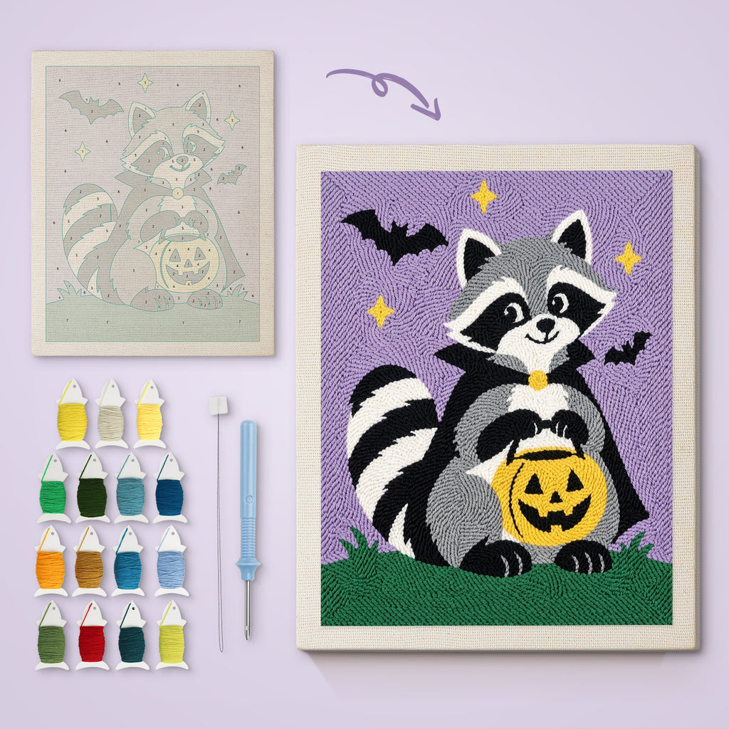 Raccoon Trick-or-Treater canvas before and after punching, with the threads and tools