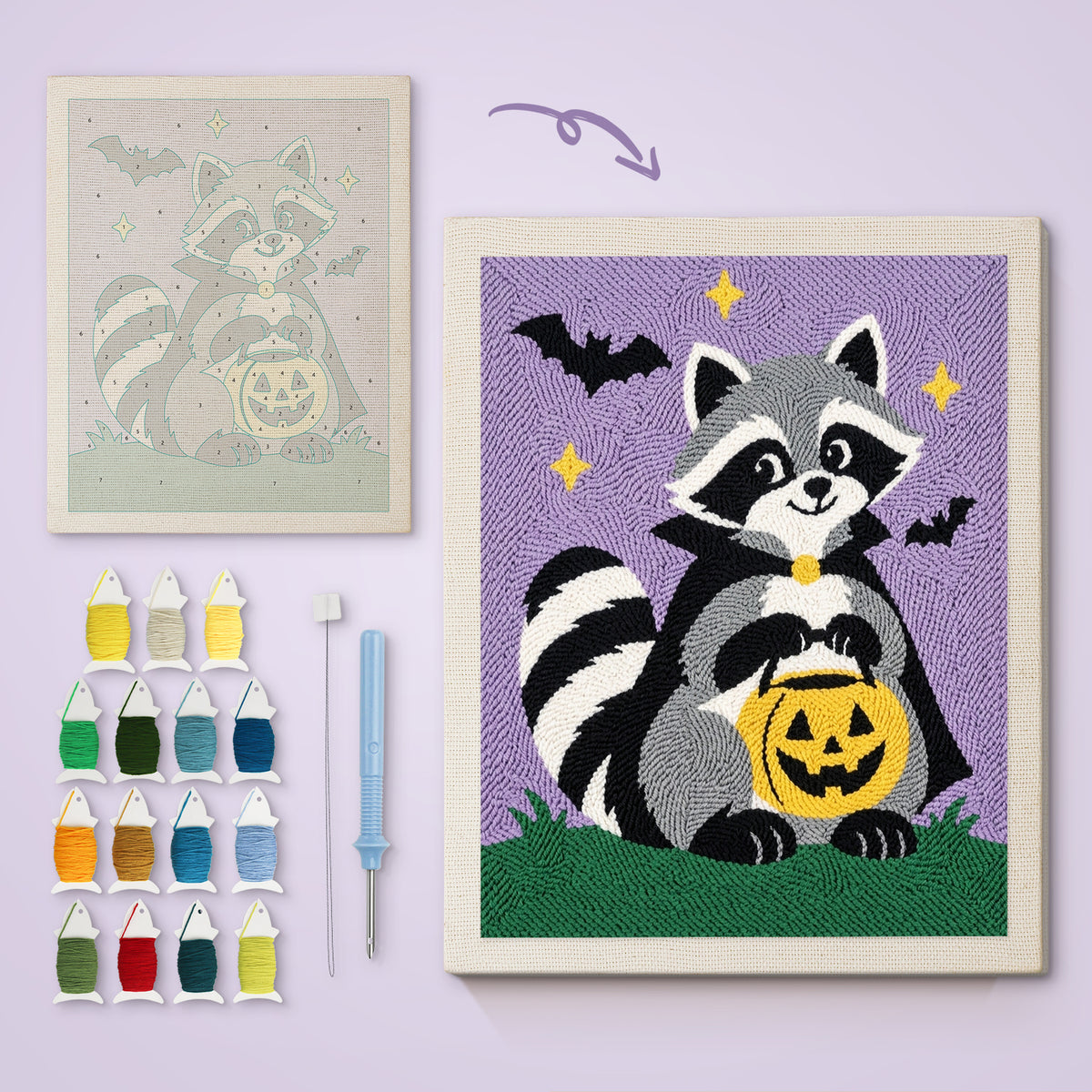 Raccoon Trick-or-Treater canvas before and after punching, with the threads and tools