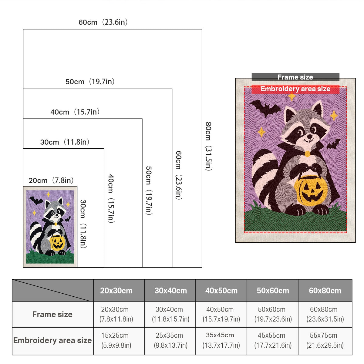 Size chart for punch needle kits from 20 x 30 cm to 60 x 80 cm