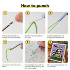 Six steps showing how to thread and use the punch needle