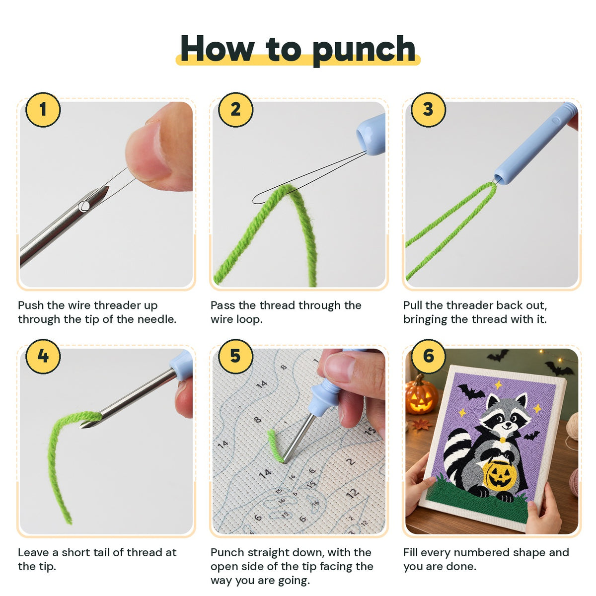 Six steps showing how to thread and use the punch needle