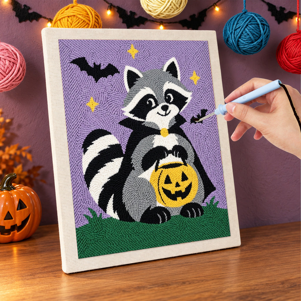 Punching the Raccoon Trick-or-Treater design with the punch needle