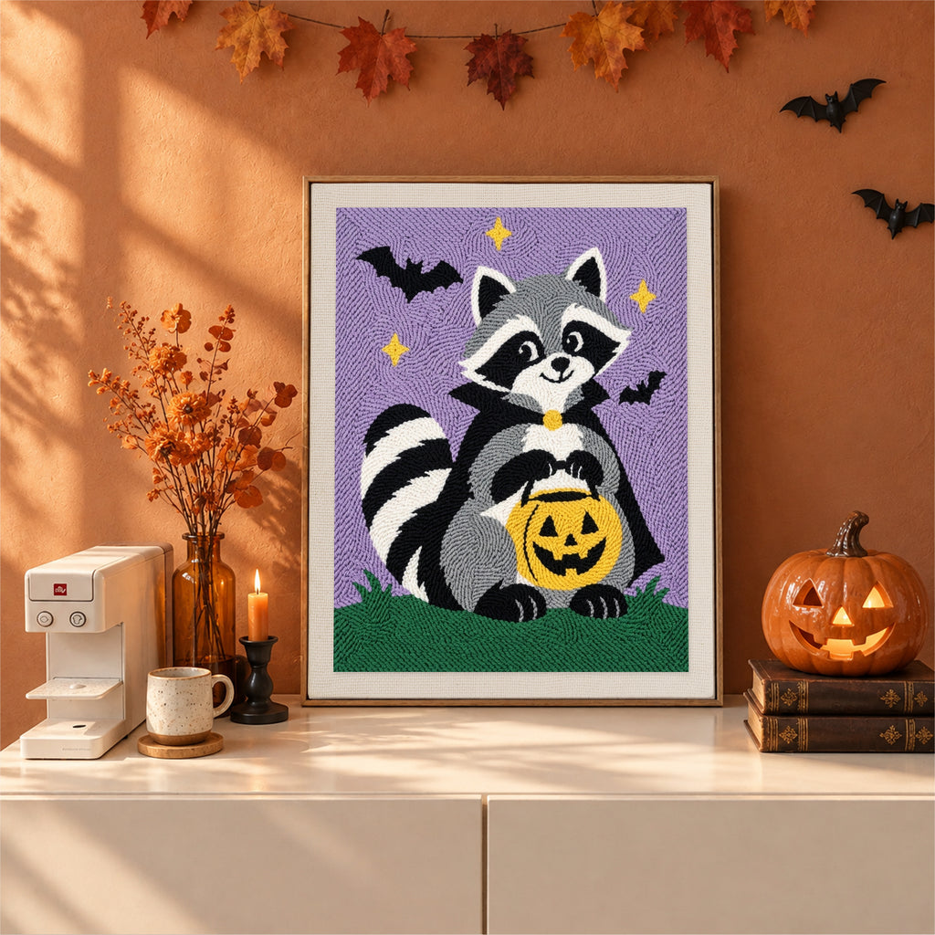 Finished Raccoon Trick-or-Treater punch needle canvas on a wall