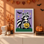 Finished Raccoon Trick-or-Treater punch needle canvas on a wall