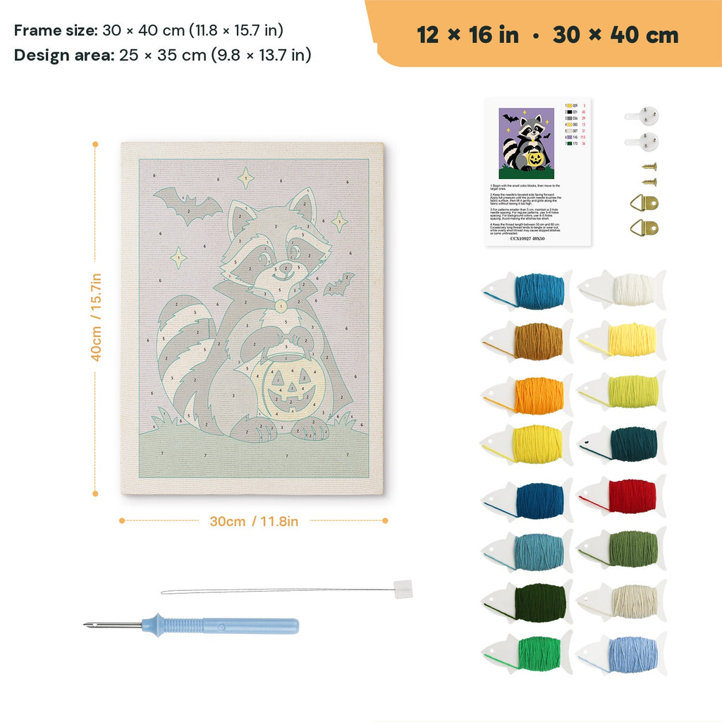 Raccoon Trick-or-Treater punch needle kit, 12 × 16 in (30 × 40 cm): canvas size and kit contents