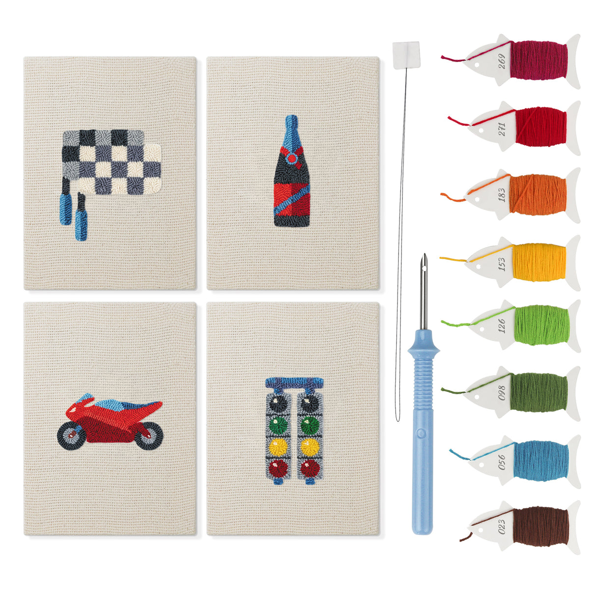 Race Day Flag mini punch needle kit set: four finished canvases with threads, punch needle and threader