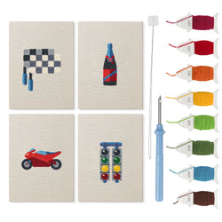 Race Day Flag mini punch needle kit set: four finished canvases with threads, punch needle and threader