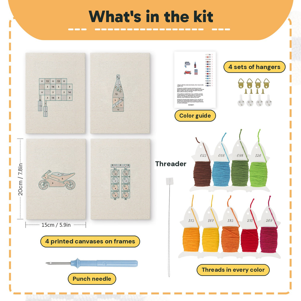 What is in the Race Day Flag set: 4 printed canvases, punch needle, threader, threads, color guide and 4 sets of hangers (6 × 8 in (15 × 20 cm) each)