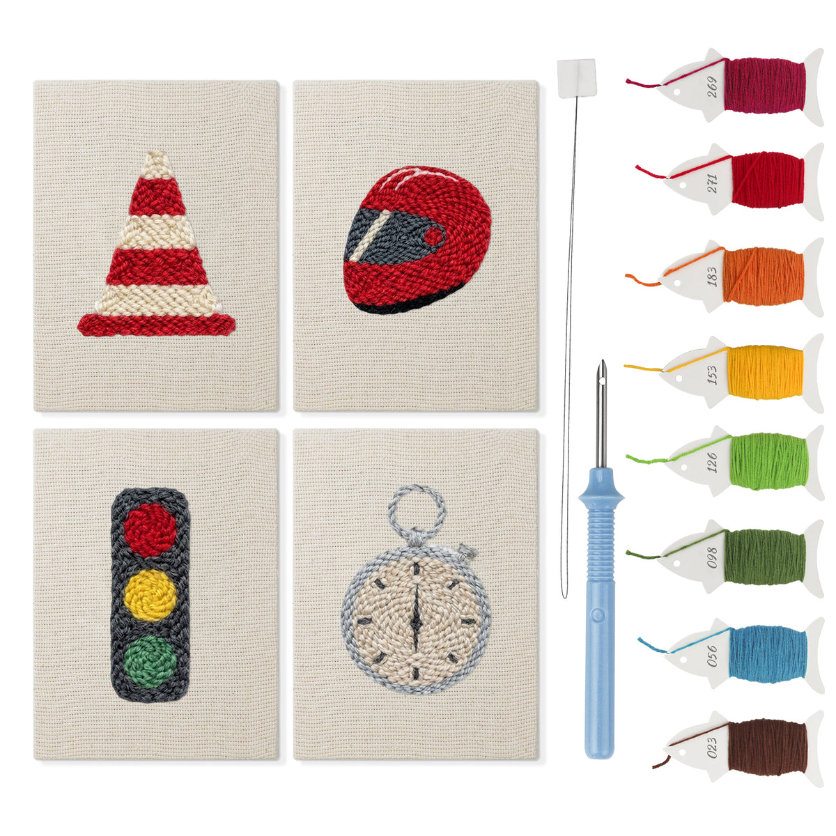 Race Day Gear mini punch needle kit set: four finished canvases with threads, punch needle and threader