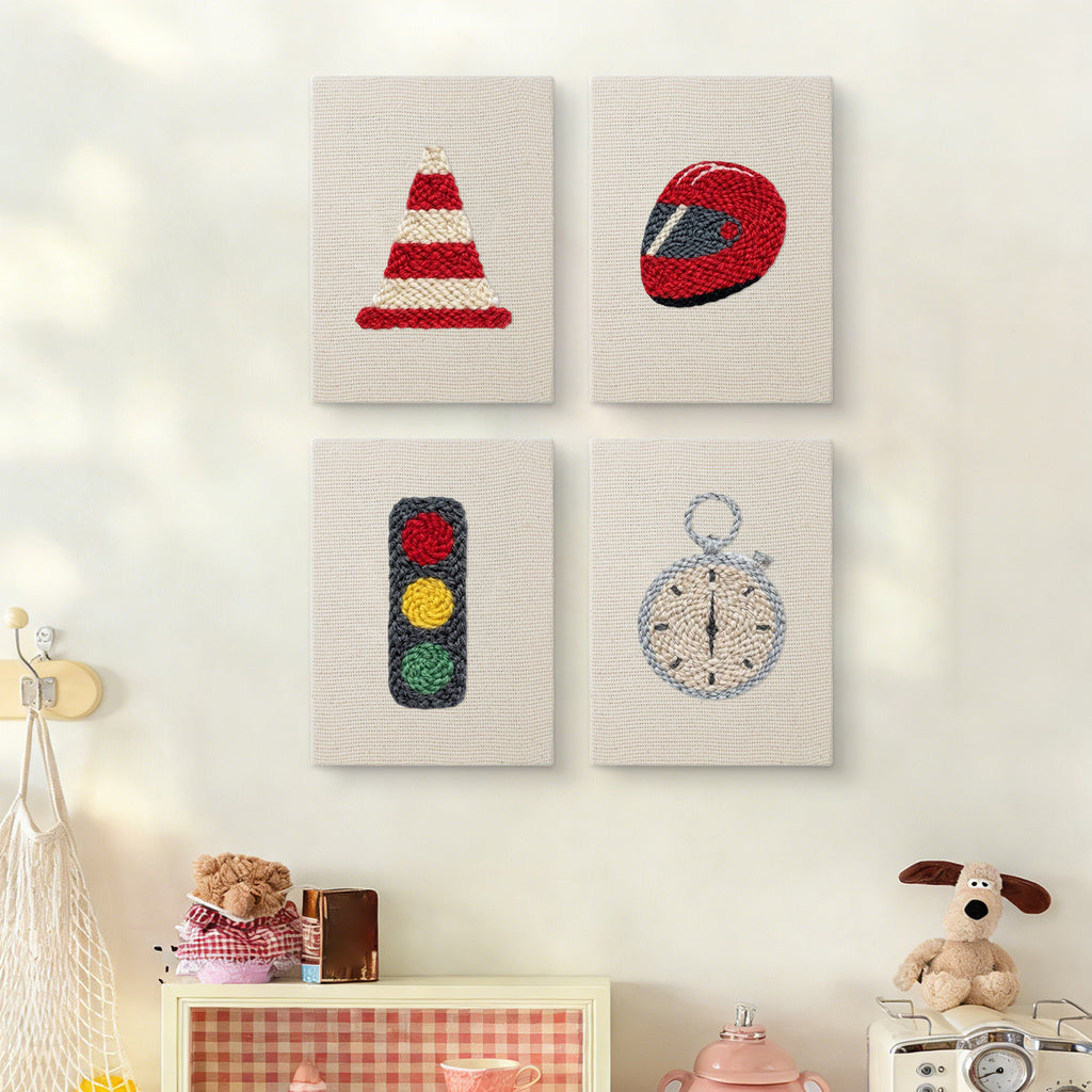 The four Race Day Gear mini canvases on a wall above a shelf