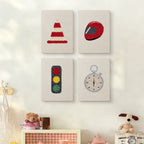 The four Race Day Gear mini canvases on a wall above a shelf