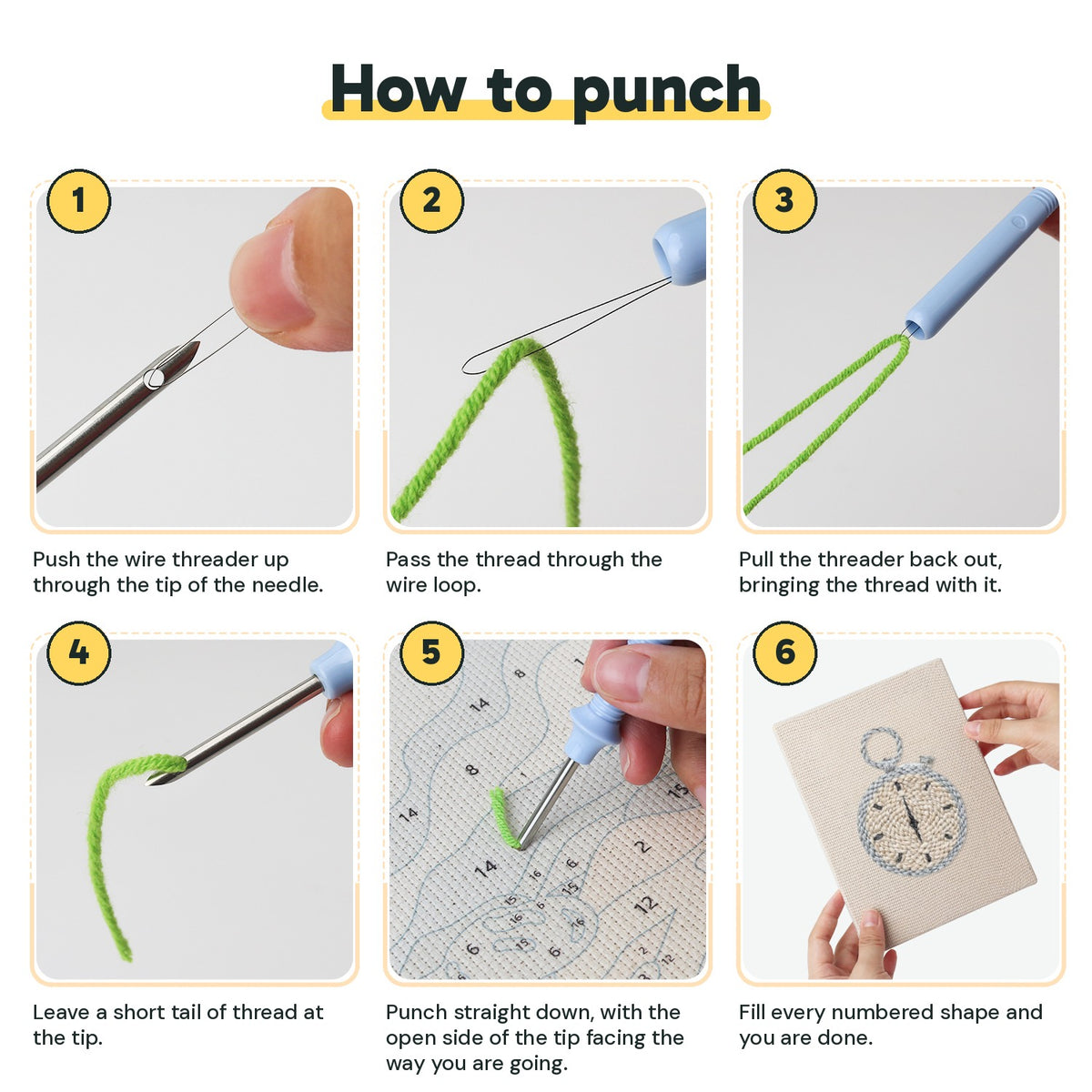 Six steps showing how to thread and use the punch needle