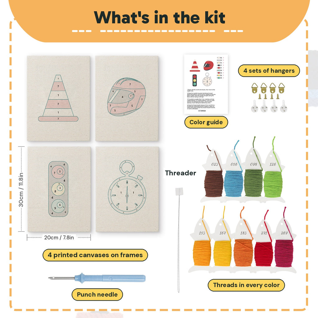 What is in the Race Day Gear set, 8 × 12 in (20 × 30 cm) each: 4 printed canvases, punch needle, threader, threads, color guide and 4 sets of hangers