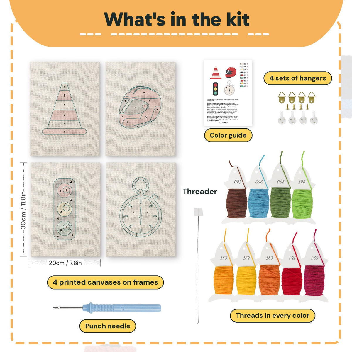 What is in the Race Day Gear set, 8 × 12 in (20 × 30 cm) each: 4 printed canvases, punch needle, threader, threads, color guide and 4 sets of hangers