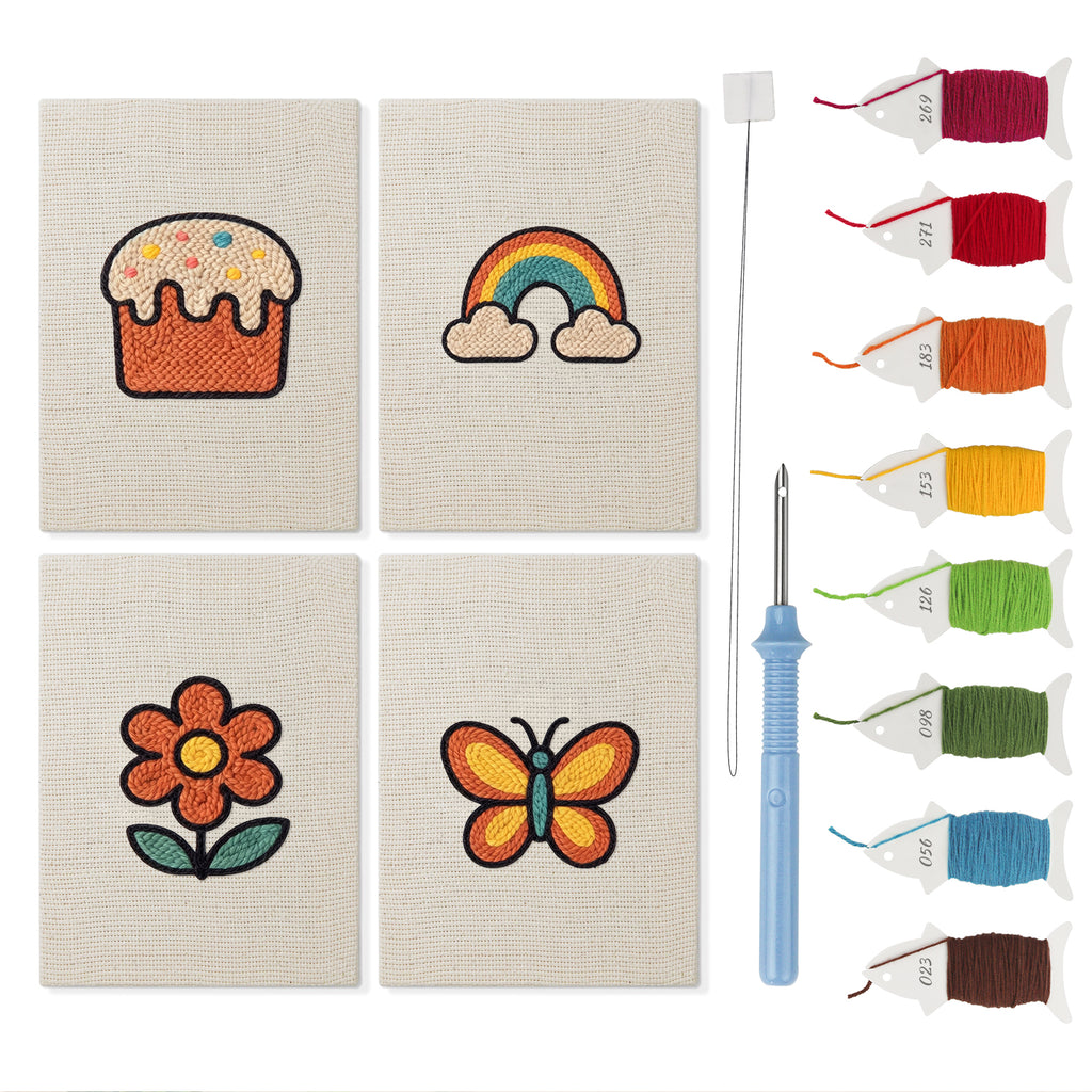 Rainbow and Butterfly mini punch needle kit set: four finished canvases with threads, punch needle and threader