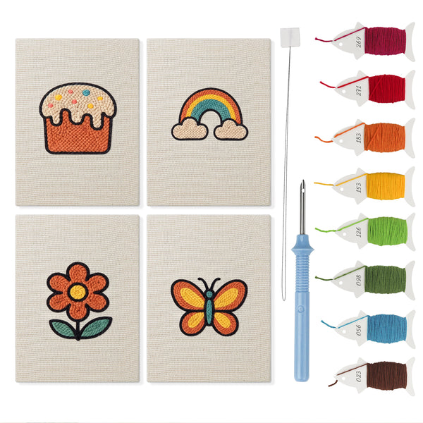Rainbow and Butterfly mini punch needle kit set: four finished canvases with threads, punch needle and threader