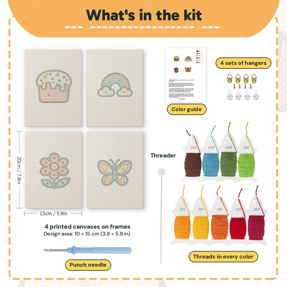 What is in the Rainbow and Butterfly set: 4 printed canvases, punch needle, threader, threads, color guide and 4 sets of hangers (6 × 8 in (15 × 20 cm) each)
