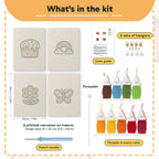 What is in the Rainbow and Butterfly set, 8 × 12 in (20 × 30 cm) each: 4 printed canvases, punch needle, threader, threads, color guide and 4 sets of hangers