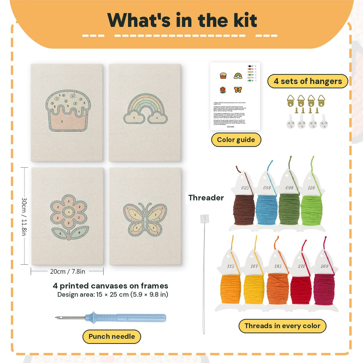 What is in the Rainbow and Butterfly set, 8 × 12 in (20 × 30 cm) each: 4 printed canvases, punch needle, threader, threads, color guide and 4 sets of hangers
