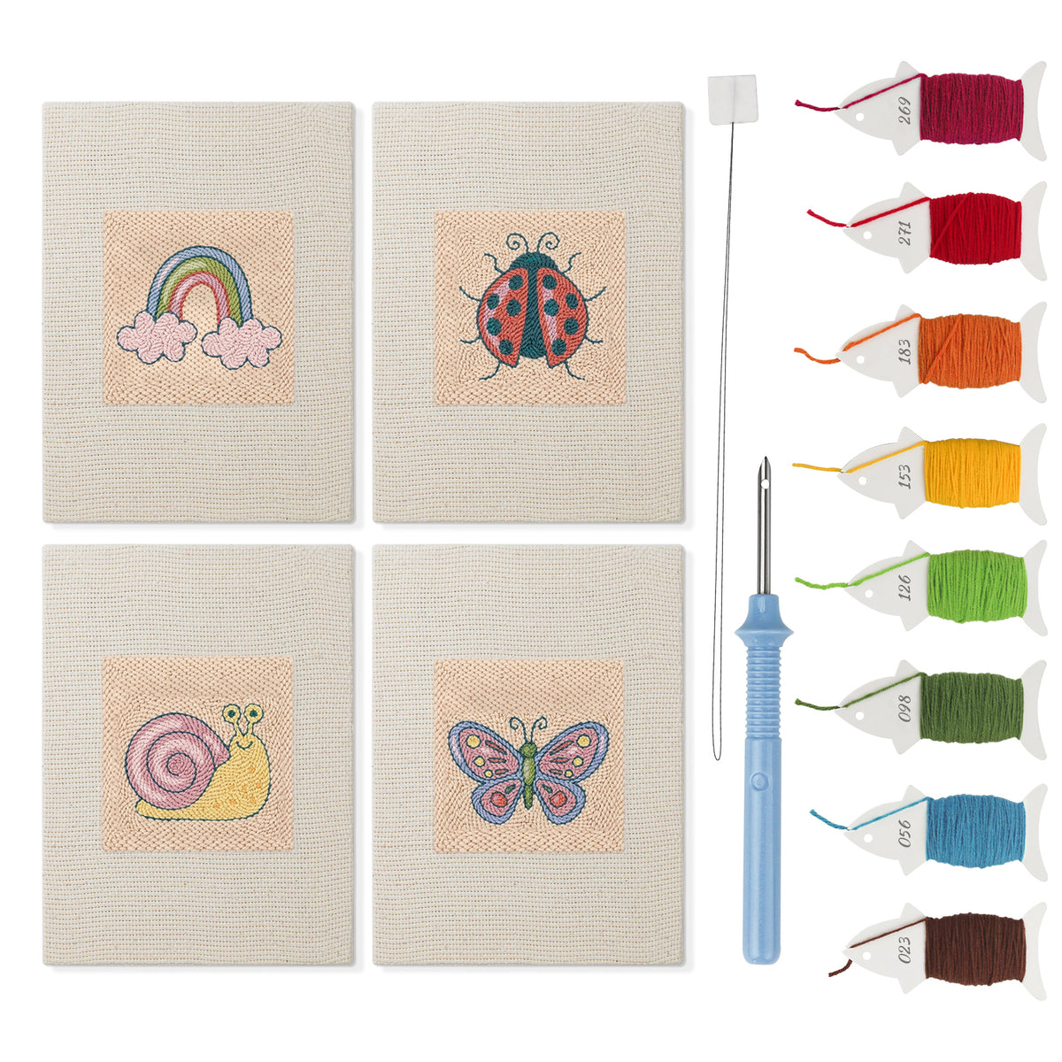 Rainbow and Ladybug mini punch needle kit set: four finished canvases with threads, punch needle and threader