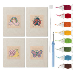 Rainbow and Ladybug mini punch needle kit set: four finished canvases with threads, punch needle and threader
