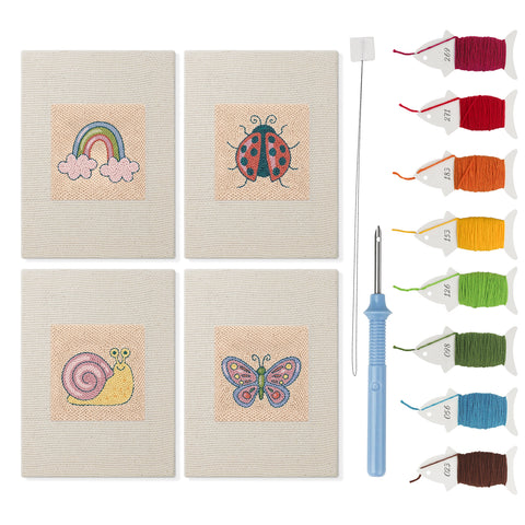 Rainbow and Ladybug mini punch needle kit set: four finished canvases with threads, punch needle and threader