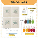 What is in the Rainbow and Ladybug set, 8 × 12 in (20 × 30 cm) each: 4 printed canvases, punch needle, threader, threads, color guide and 4 sets of hangers