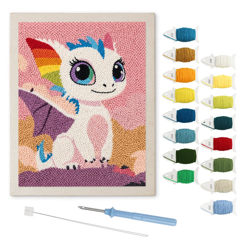 Rainbow Baby Dragon punch needle kit: finished canvas with threads, punch needle and threader