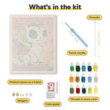 What is in the Rainbow Baby Dragon kit: printed canvas, punch needle, threader, threads, color guide and hangers