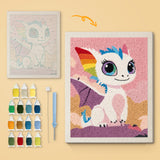 Rainbow Baby Dragon canvas before and after punching, with the threads and tools