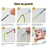 Six steps showing how to thread and use the punch needle