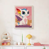 Finished Rainbow Baby Dragon punch needle canvas on a wall