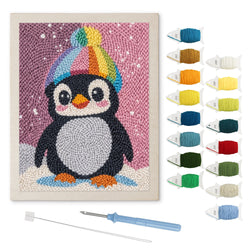 Rainbow Beanie Penguin punch needle kit: finished canvas with threads, punch needle and threader
