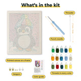What is in the Rainbow Beanie Penguin kit: printed canvas, punch needle, threader, threads, color guide and hangers