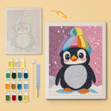 Rainbow Beanie Penguin canvas before and after punching, with the threads and tools