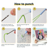 Six steps showing how to thread and use the punch needle
