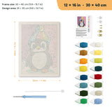 Rainbow Beanie Penguin punch needle kit, 12 × 16 in (30 × 40 cm): canvas size and kit contents