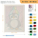 Rainbow Beanie Penguin punch needle kit, 24 × 32 in (60 × 80 cm): canvas size and kit contents