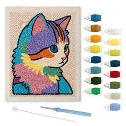 Rainbow Patchwork Cat punch needle kit: finished canvas with threads, punch needle and threader