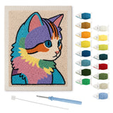 Rainbow Patchwork Cat punch needle kit: finished canvas with threads, punch needle and threader