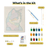 What is in the Rainbow Patchwork Cat kit: printed canvas, punch needle, threader, threads, color guide and hangers