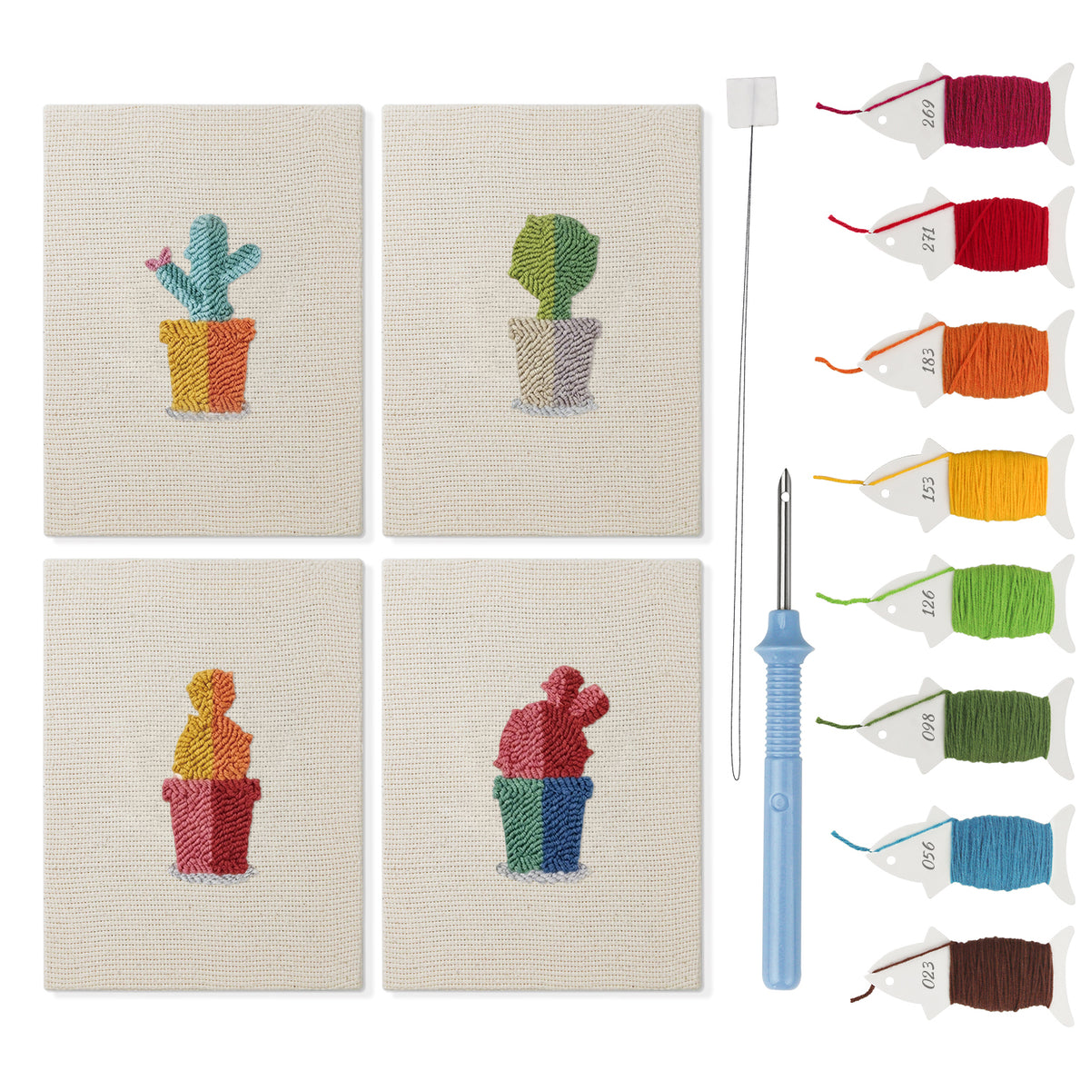 Rainbow Pot Cacti mini punch needle kit set: four finished canvases with threads, punch needle and threader