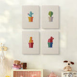The four Rainbow Pot Cacti mini canvases on a wall above a shelf