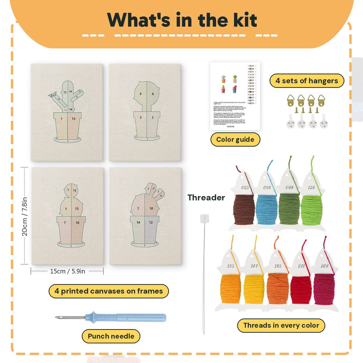 What is in the Rainbow Pot Cacti set: 4 printed canvases, punch needle, threader, threads, color guide and 4 sets of hangers (6 × 8 in (15 × 20 cm) each)