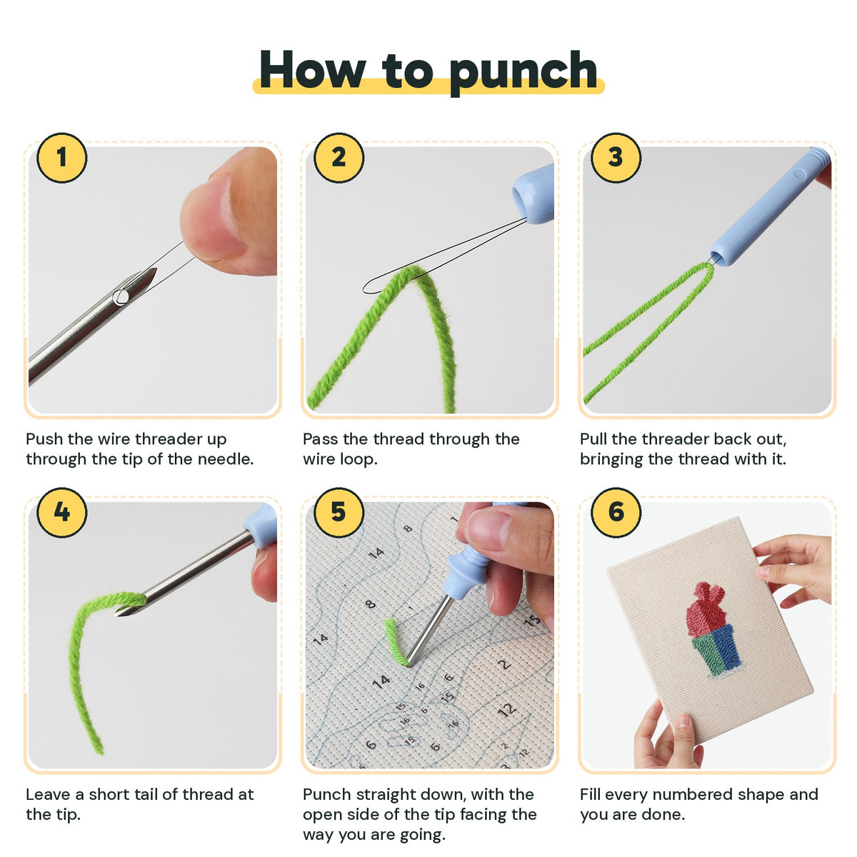Six steps showing how to thread and use the punch needle