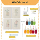 What is in the Rainbow Pot Cacti set, 8 × 12 in (20 × 30 cm) each: 4 printed canvases, punch needle, threader, threads, color guide and 4 sets of hangers