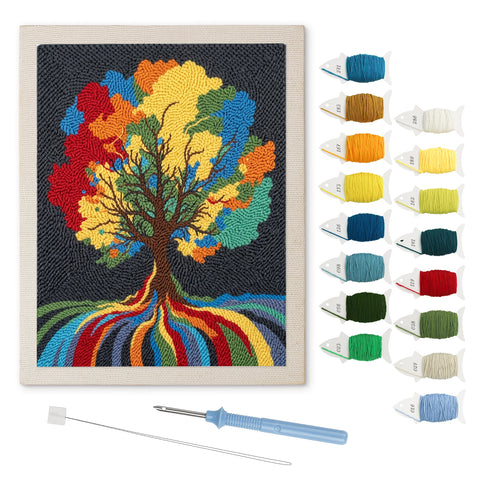 Rainbow Roots Tree punch needle kit: finished canvas with threads, punch needle and threader