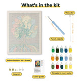 What is in the Rainbow Roots Tree kit: printed canvas, punch needle, threader, threads, color guide and hangers
