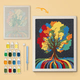 Rainbow Roots Tree canvas before and after punching, with the threads and tools
